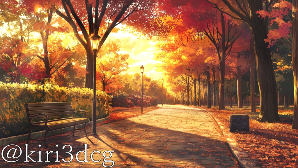 【動く!背景素材!】秋の公園の道 vtuber様 配信者様向け 歌枠 雑談枠などに♪  配信背景 歩道 夕日 紅葉 夕方 素材 背景 Animated Background【背景ループ素材】