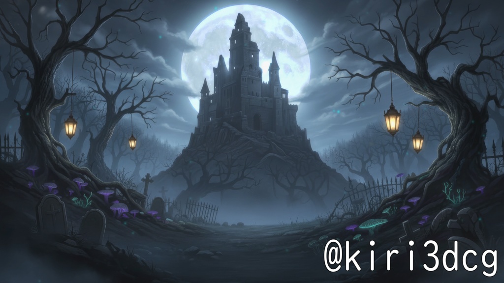 【動く!背景素材セット!】月光に浮かぶ魔城の道 vtuber様 配信者様向け 歌枠 雑談枠などに♪ 配信背景 夜 ゴースト ファンタジー ハロウィン 素材 背景 Animated Background【背景ループ素材】
