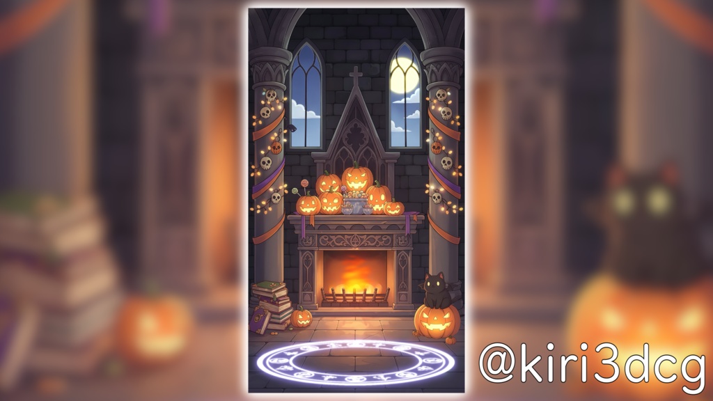 【動く!縦型配信背景!】ハロウィンの間 vtuber様 配信者様向け 歌枠 雑談枠などに♪  配信背景 夜 猫 部屋 月 halloween 暖炉 素材 背景 Animated Background【背景ループ素材】