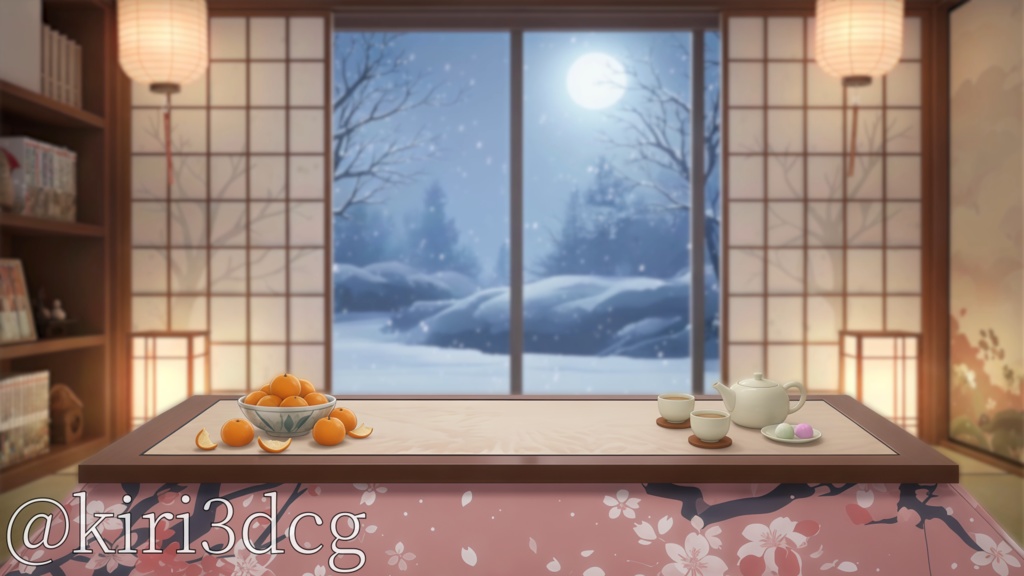 【動く!配信画面セット!】月雪の間 vtuber様 配信者様向け 歌枠 雑談枠などに♪ 配信背景 和室 雪 冬 こたつ 景色 素材 背景 Animated Background【背景ループ素材】