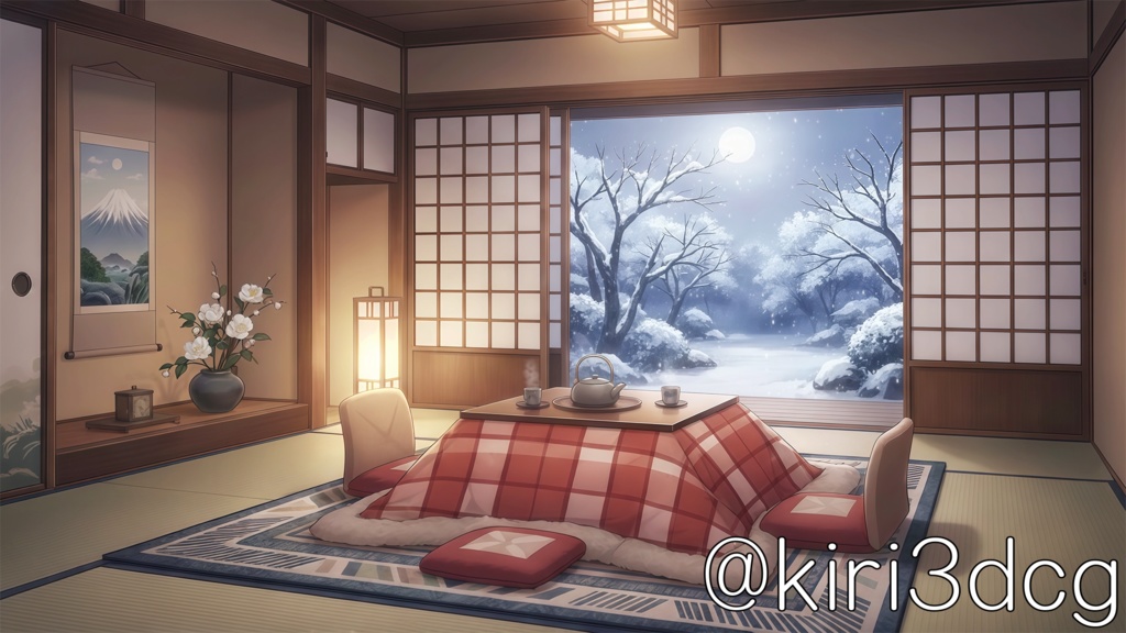 【動く!配信背景セット!】雪が降る日の和室 vtuber様 配信者様向け 歌枠 雑談枠などに♪ 配信背景 和室 雪 冬 こたつ 景色 素材 背景 Animated Background【背景ループ素材】