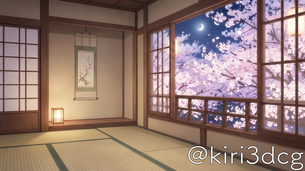 【動く!配信画面セット!】桜舞う旅館の和室 vtuber様 配信者様向け 歌枠 雑談枠などに♪ 配信背景 桜 幻想的 さくら 夜 素材 背景 Animated Background【背景ループ素材】