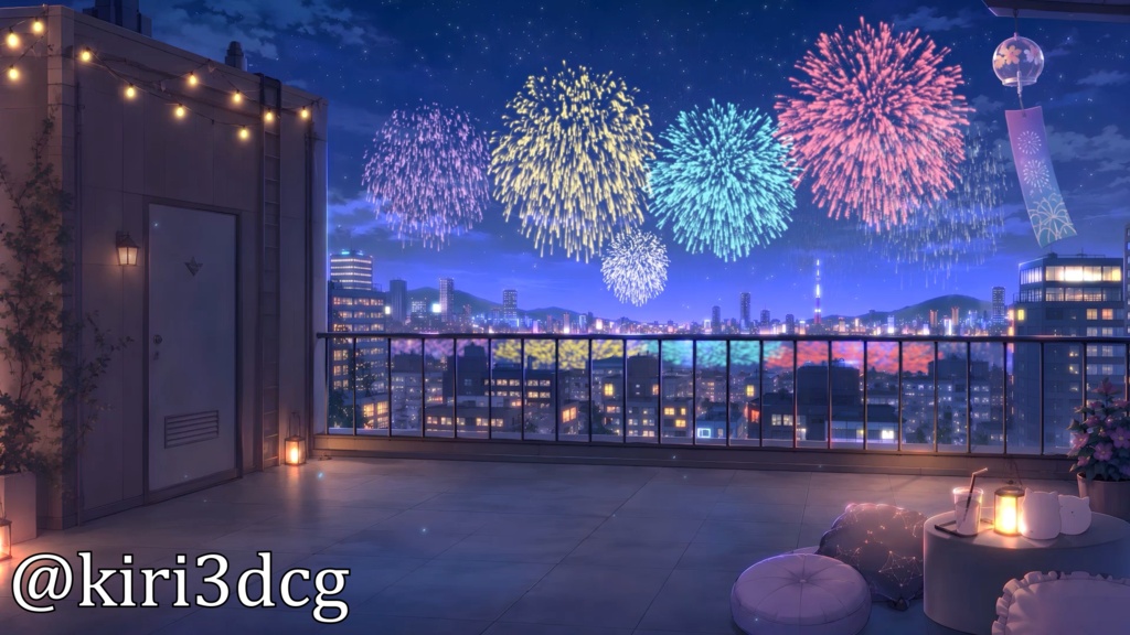 【動く!配信背景セット!】屋上から眺める花火 vtuber様 配信者様向け 歌枠 雑談枠などに♪ 配信背景 流れ星 夜 花火 夜景 夏 素材 背景 Animated Background【背景ループ素材】