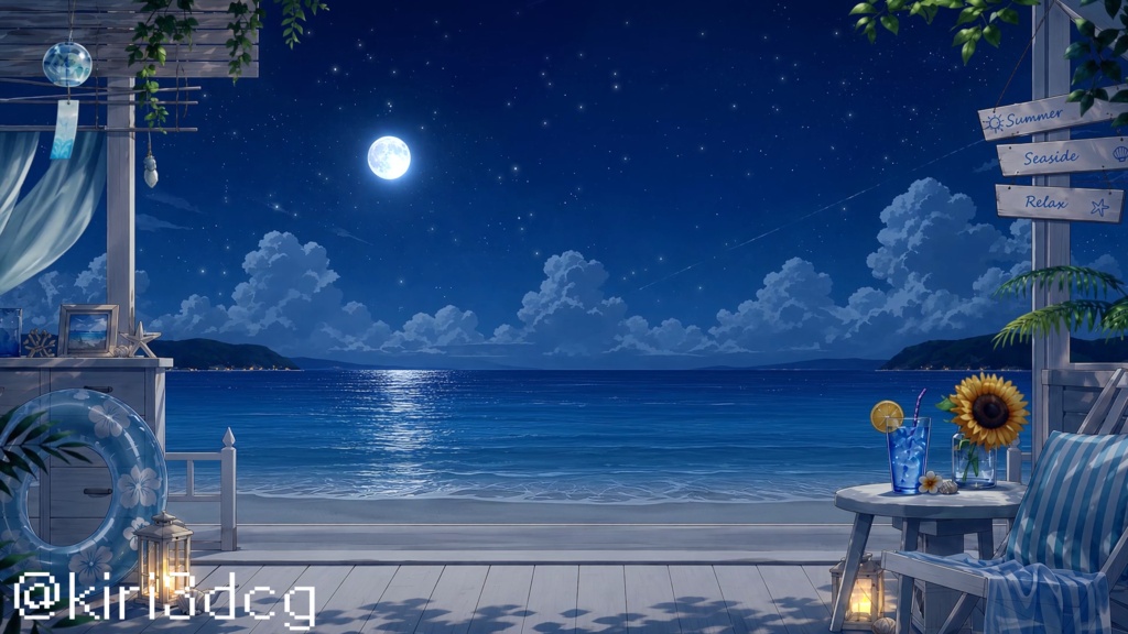 【動く!配信画面セット!】青い海と白いテラスの夏景色 夜ver vtuber様 配信者様向け 歌枠 雑談枠などに♪ 配信背景 海 浜辺 夏 素材 背景 Animated Background【背景ループ素材】