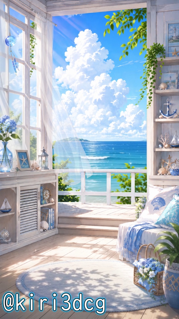 【動く!縦型配信用背景】海の見える部屋 vtuber様 配信者様向け 歌枠 雑談枠などに♪ 配信背景 海 浜辺 夏 素材 背景 Animated Background【背景ループ素材】