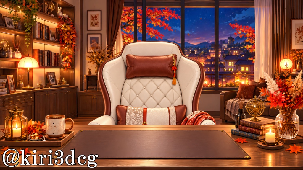 【動く!配信背景セット!】紅葉と灯りのナイトルーム vtuber様 配信者様向け 歌枠 雑談枠などに♪ 配信背景 星空 流れ星 紅葉 夜景 夜 素材 背景 Animated Background【背景ループ素材】