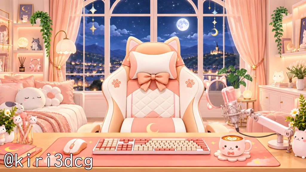 【動く!配信画面セット!】月夜のねこ配信ルーム vtuber様 配信者様向け 歌枠 雑談枠などに♪ 配信背景 流れ星 ネコ 可愛い 部屋 素材 背景 Animated Background【背景ループ素材】