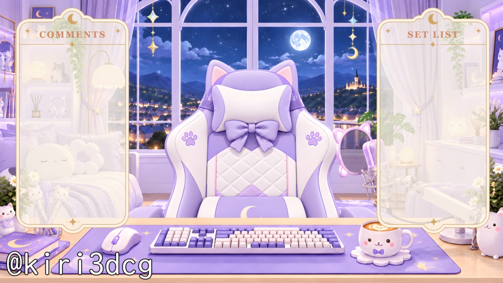 【動く!配信画面セット!】月夜のねこ配信ルーム vtuber様 配信者様向け 歌枠 雑談枠などに♪ 配信背景 流れ星 ネコ 可愛い 部屋 素材 背景 Animated Background【背景ループ素材】