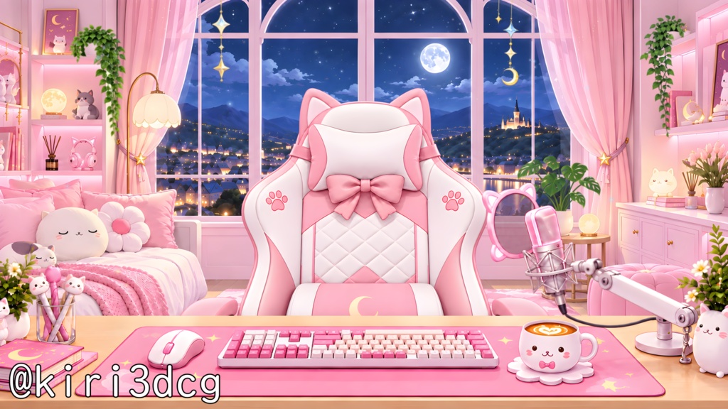 【動く!配信画面セット!】月夜のねこ配信ルーム vtuber様 配信者様向け 歌枠 雑談枠などに♪ 配信背景 流れ星 ネコ 可愛い 部屋 素材 背景 Animated Background【背景ループ素材】