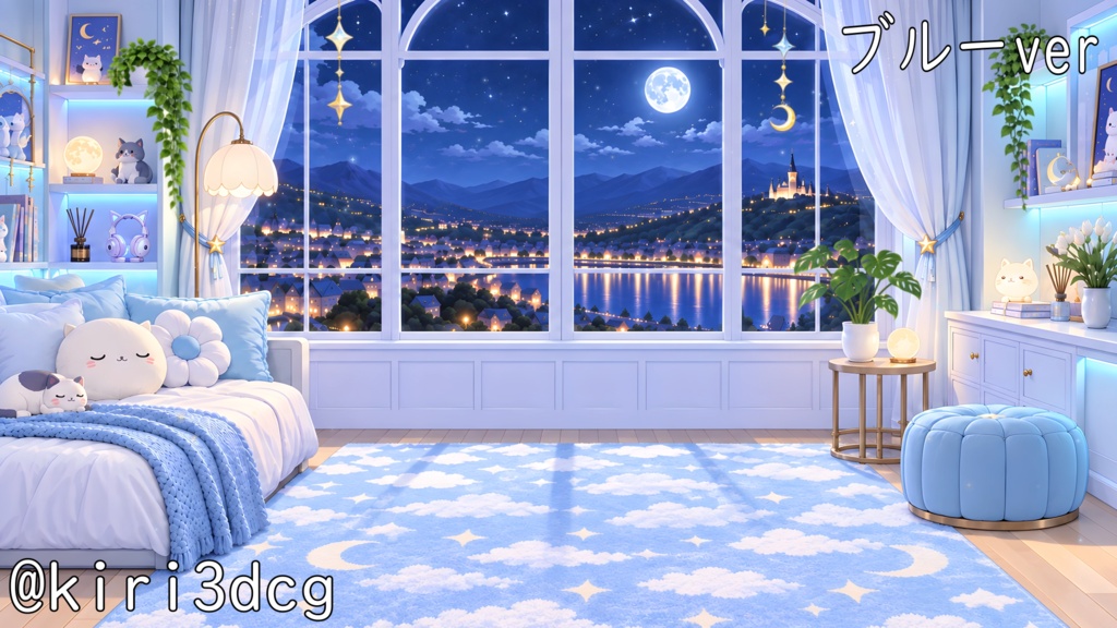 【動く!配信画面セット!】月夜のねこ配信ルーム vtuber様 配信者様向け 歌枠 雑談枠などに♪ 配信背景 流れ星 ネコ 可愛い 部屋 素材 背景 Animated Background【背景ループ素材】