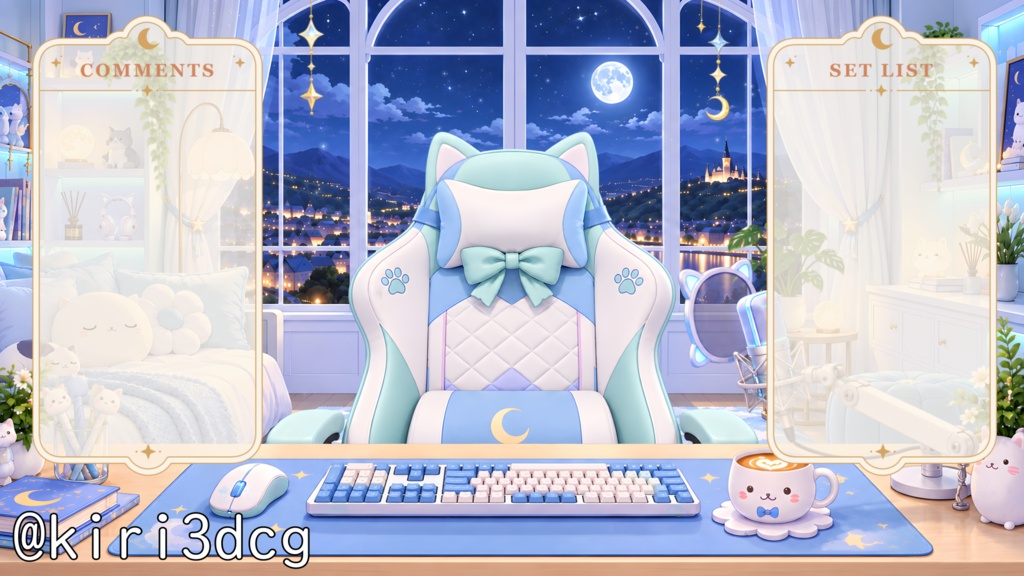 【動く!配信画面セット!】月夜のねこ配信ルーム vtuber様 配信者様向け 歌枠 雑談枠などに♪ 配信背景 流れ星 ネコ 可愛い 部屋 素材 背景 Animated Background【背景ループ素材】