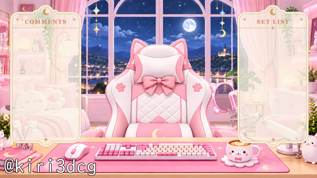【動く!配信画面セット!】月夜のねこ配信ルーム vtuber様 配信者様向け 歌枠 雑談枠などに♪ 配信背景 流れ星 ネコ 可愛い 部屋 素材 背景 Animated Background【背景ループ素材】