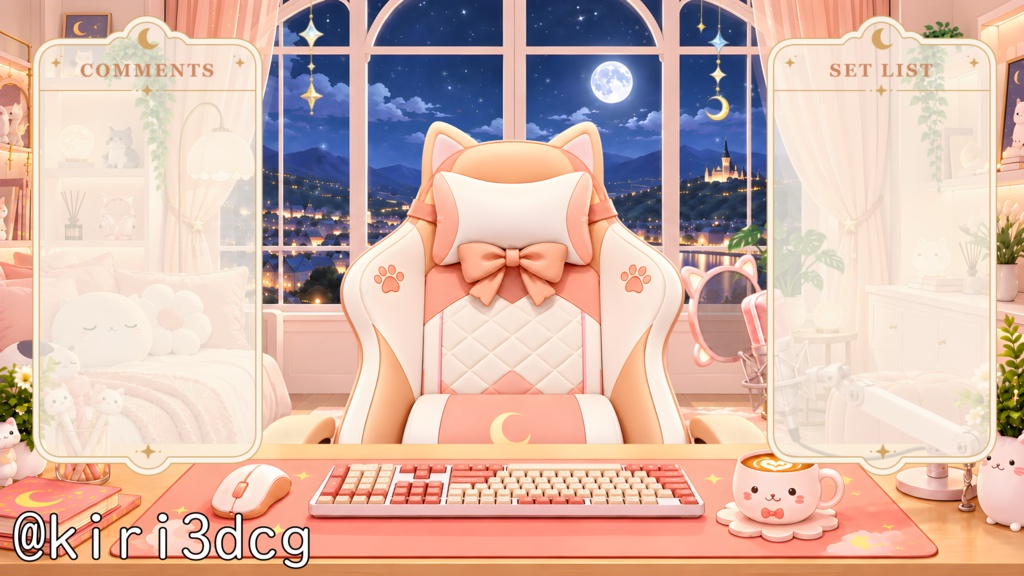 【動く!配信画面セット!】月夜のねこ配信ルーム vtuber様 配信者様向け 歌枠 雑談枠などに♪ 配信背景 流れ星 ネコ 可愛い 部屋 素材 背景 Animated Background【背景ループ素材】