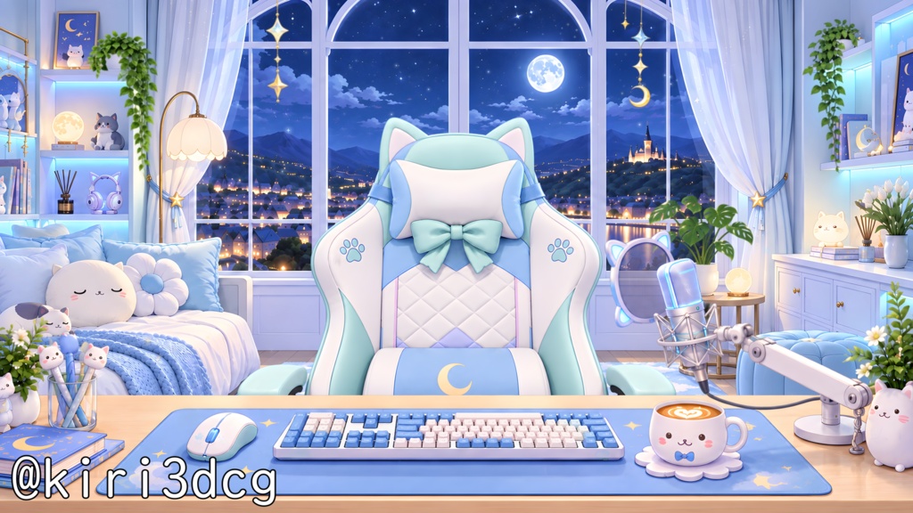 【動く!配信画面セット!】月夜のねこ配信ルーム vtuber様 配信者様向け 歌枠 雑談枠などに♪ 配信背景 流れ星 ネコ 可愛い 部屋 素材 背景 Animated Background【背景ループ素材】