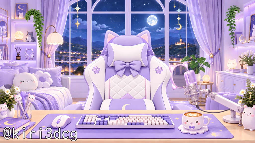【動く!配信画面セット!】月夜のねこ配信ルーム vtuber様 配信者様向け 歌枠 雑談枠などに♪ 配信背景 流れ星 ネコ 可愛い 部屋 素材 背景 Animated Background【背景ループ素材】