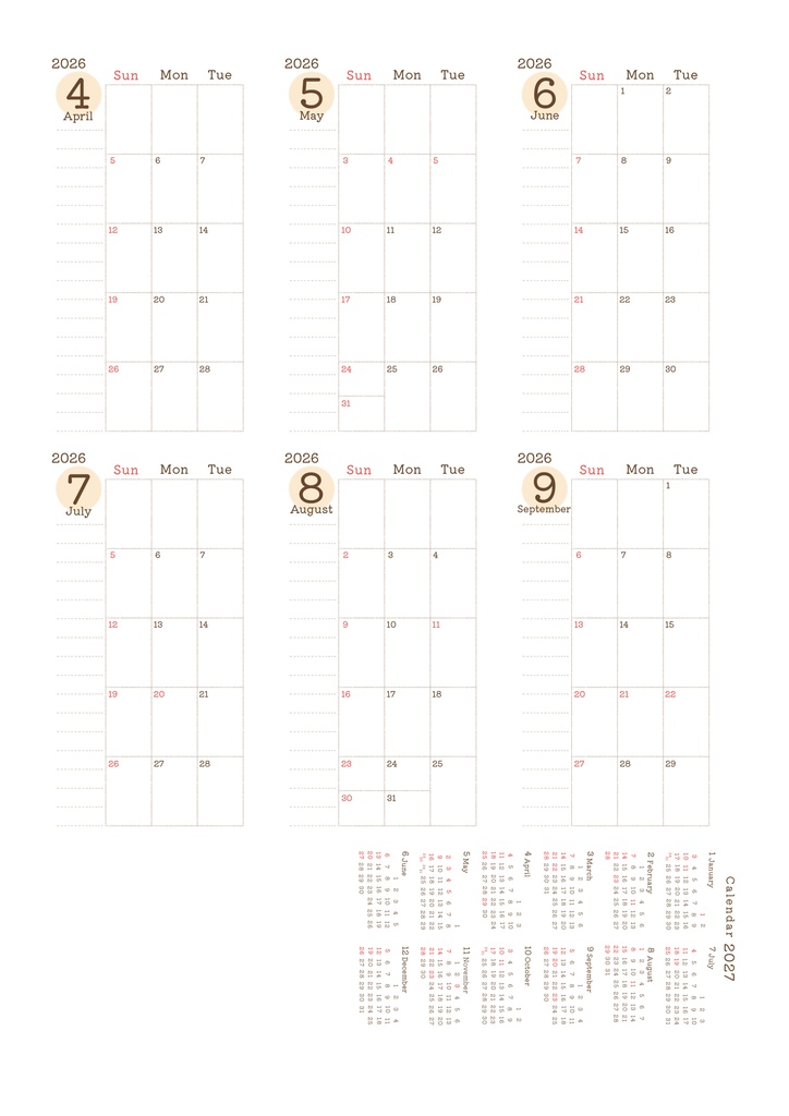 【システム手帳】マイクロ5 マンスリースケジュール 2026/4〜2027/3