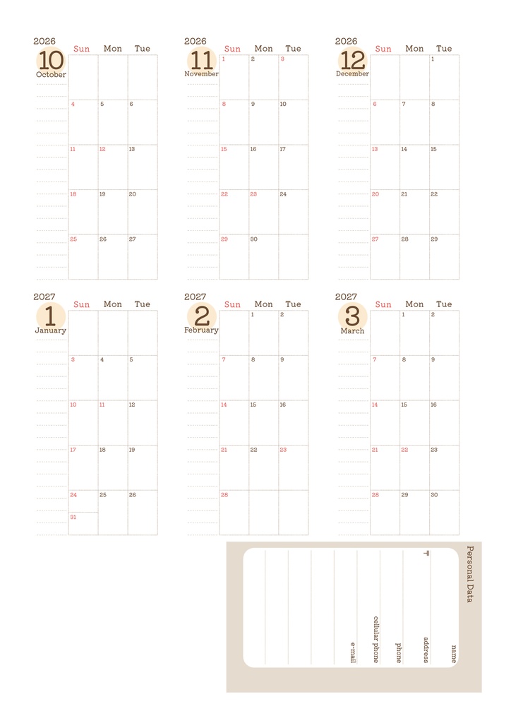 【システム手帳】マイクロ5 マンスリースケジュール 2026/4〜2027/3