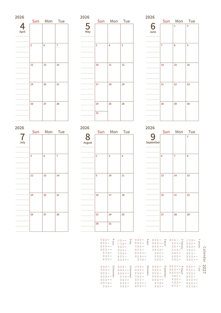 【システム手帳】マイクロ5 マンスリースケジュール 2026/4〜2027/3