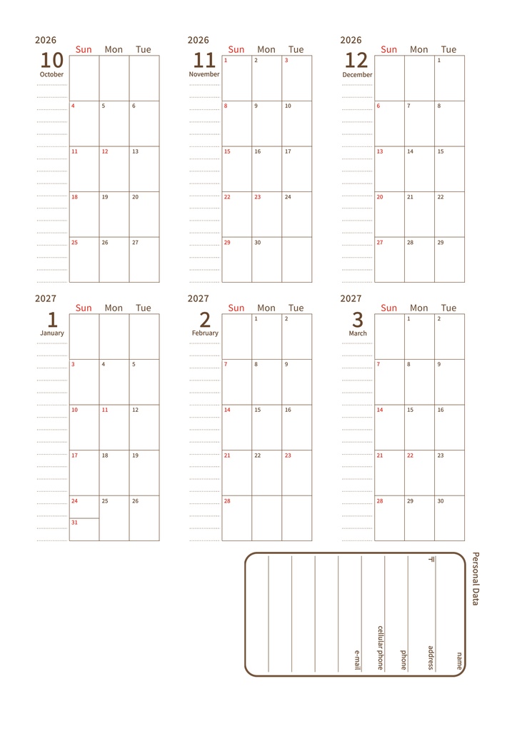 【システム手帳】マイクロ5 マンスリースケジュール 2026/4〜2027/3