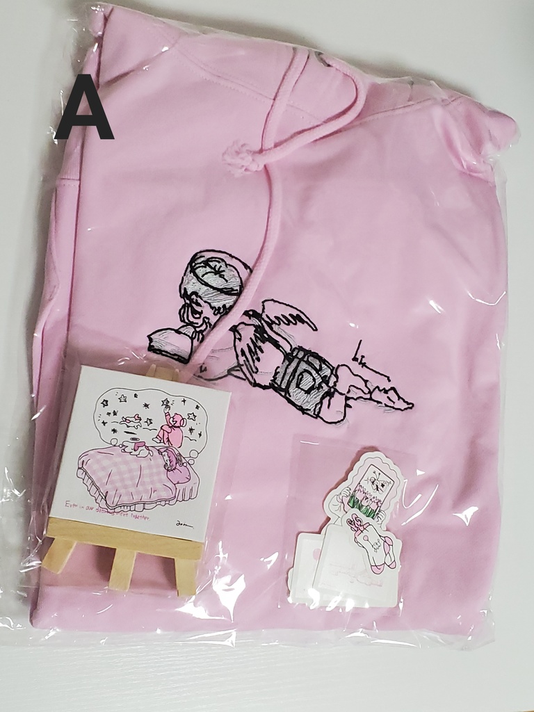 ピンクセット(刺繍パーカー+ステッカー+一部手書きミニキャンバス)