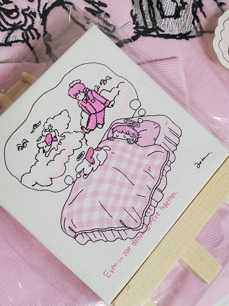 ピンクセット(刺繍パーカー+ステッカー+一部手書きミニキャンバス)