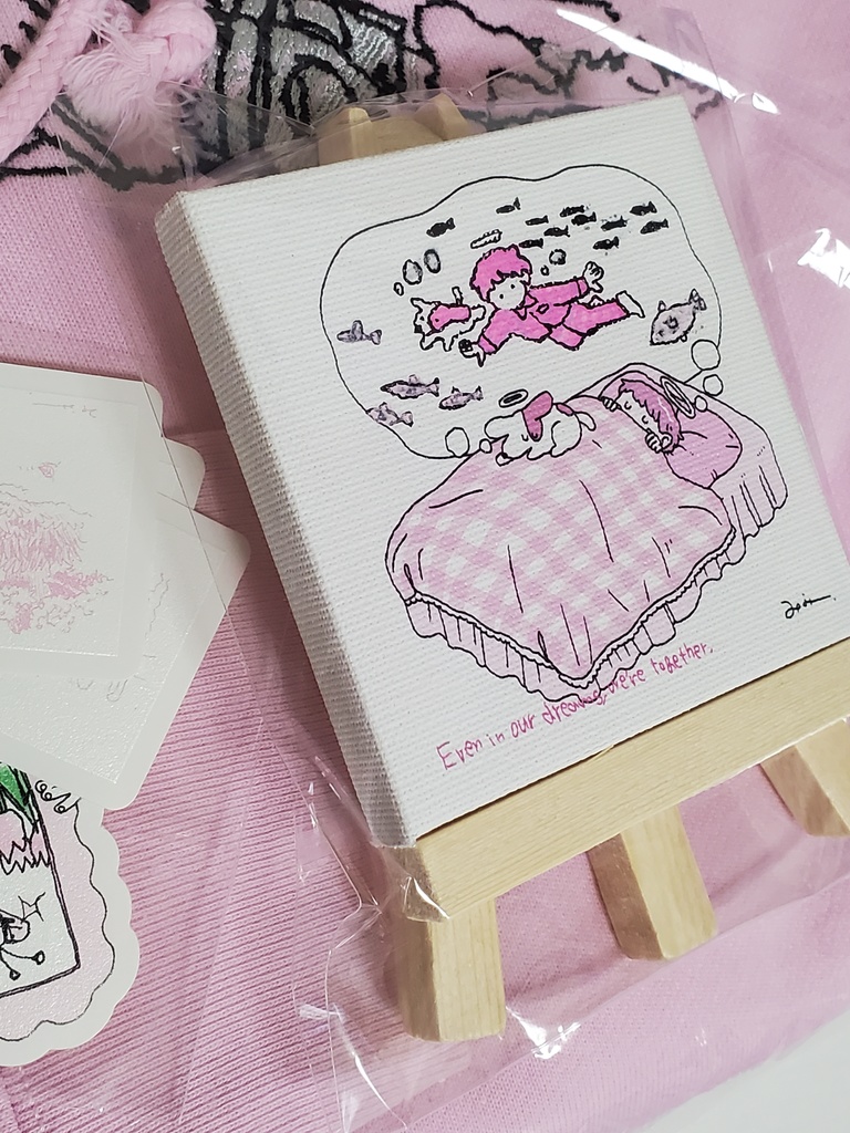 ピンクセット(刺繍パーカー+ステッカー+一部手書きミニキャンバス)
