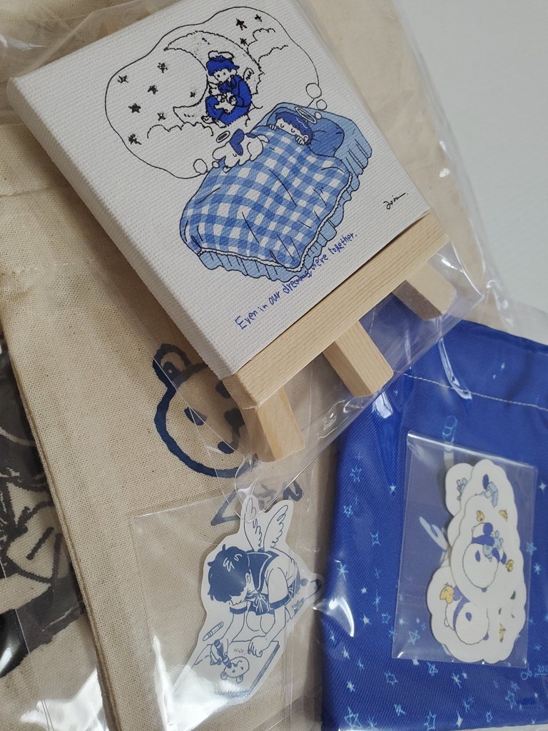 青セット トートバックセット(ミニ巾着2つ+パンダステッカー6種類+一部手書きミニキャンバス)