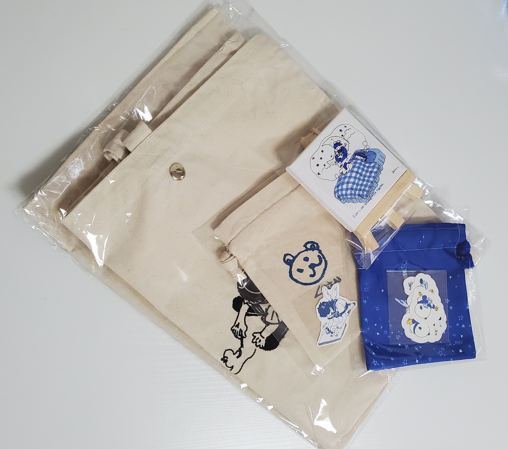 青セット　トートバックセット(ミニ巾着２つ+パンダステッカー6種類+一部手書きミニキャンバス)