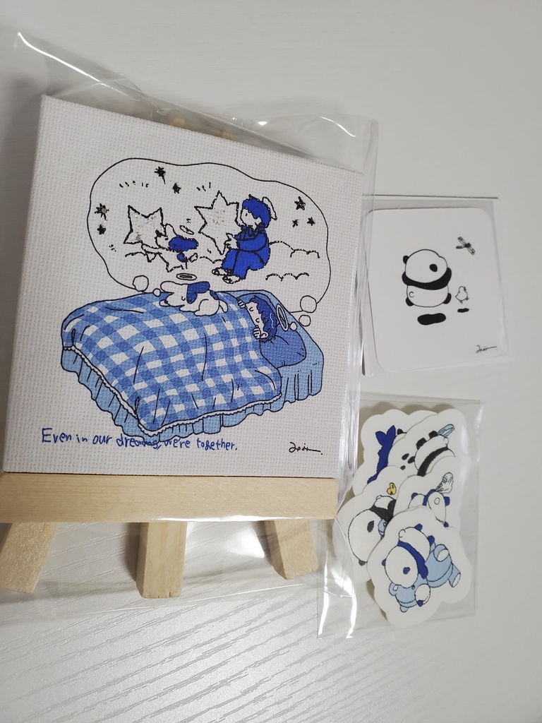 青セット(刺繍パーカー+パンダミニ原画+パンダステッカーセット+ミニキャンバス一部手書き)