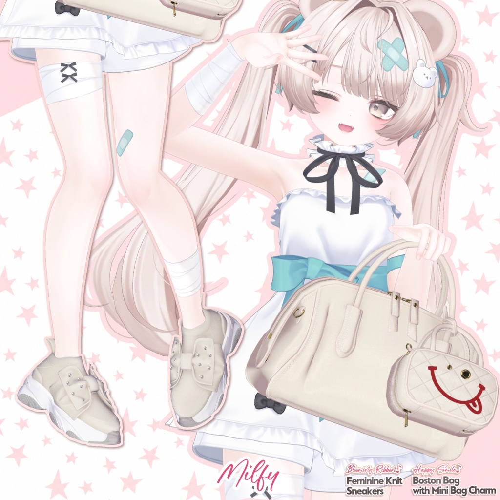 【DIANA featuring Kizuna AI】 無料配布☆華やかリボン♪フェミニンニットスニーカーと動く♪ミニBAGチャーム付きボストン【17アバター対応】