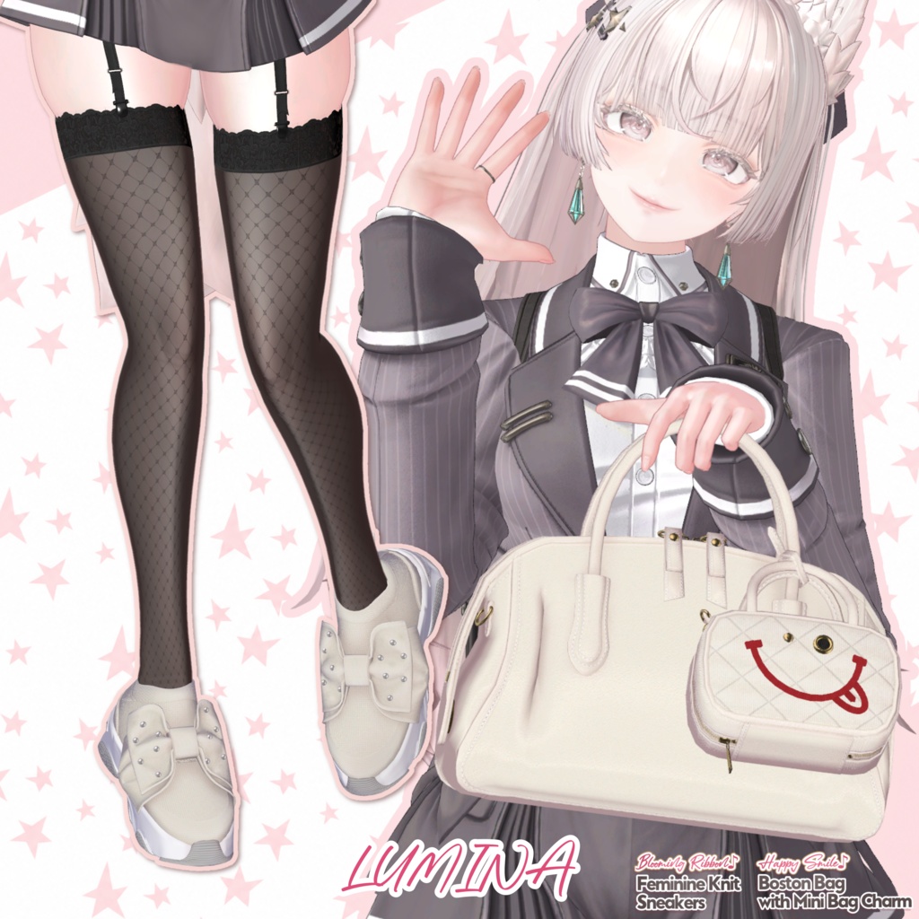 【DIANA featuring Kizuna AI】 無料配布☆華やかリボン♪フェミニンニットスニーカーと動く♪ミニBAGチャーム付きボストン【17アバター対応】