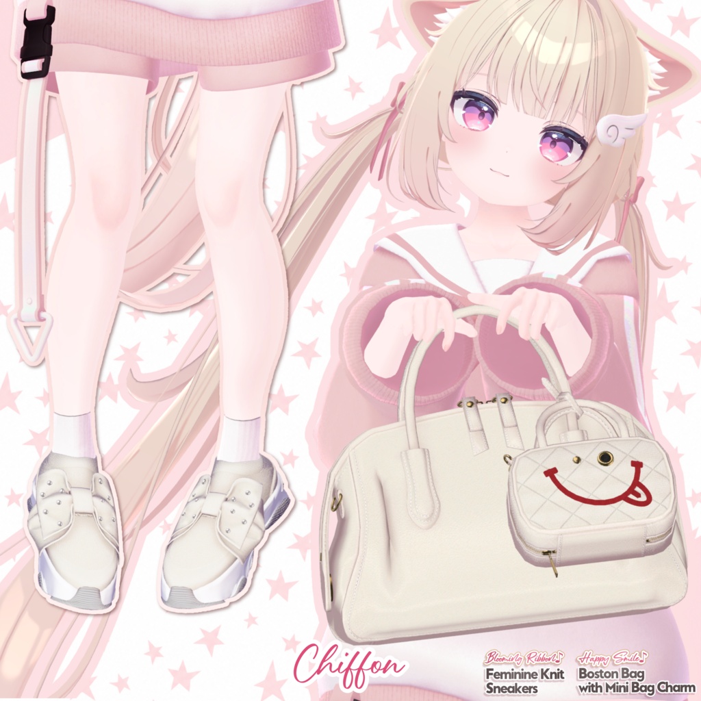【DIANA featuring Kizuna AI】 無料配布☆華やかリボン♪フェミニンニットスニーカーと動く♪ミニBAGチャーム付きボストン【17アバター対応】