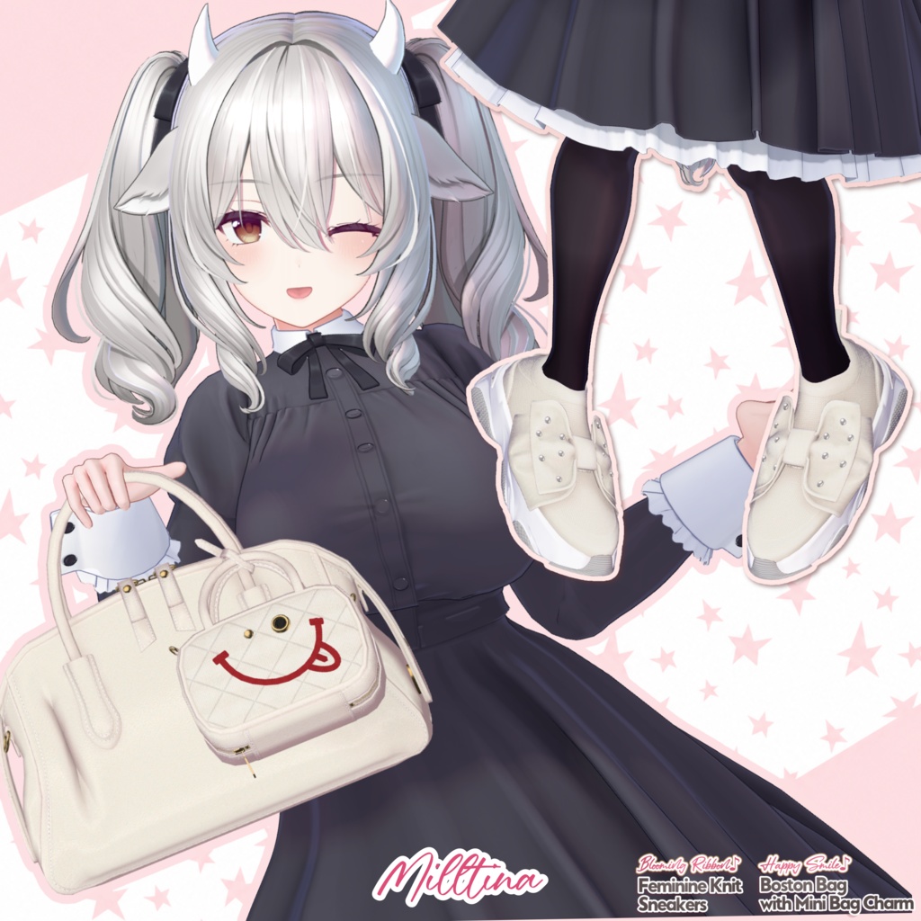 【DIANA featuring Kizuna AI】 無料配布☆華やかリボン♪フェミニンニットスニーカーと動く♪ミニBAGチャーム付きボストン【17アバター対応】
