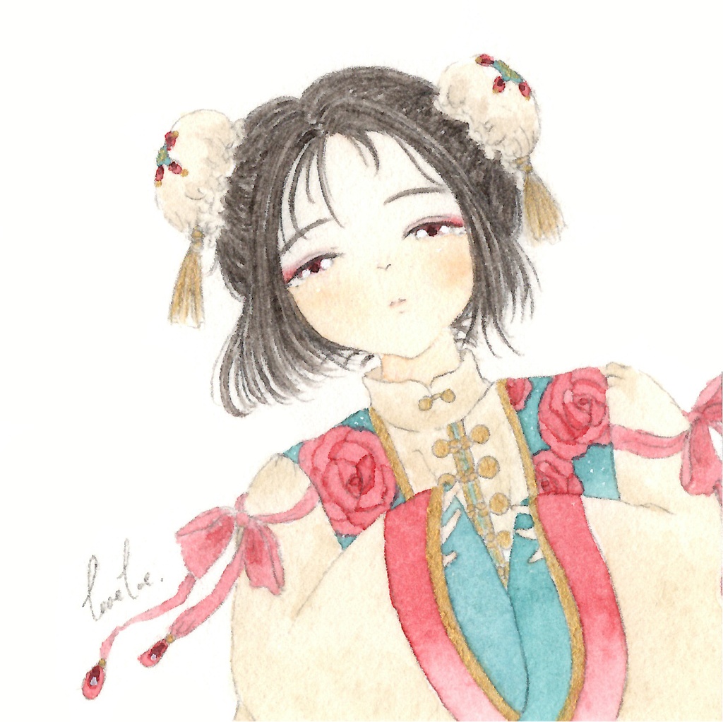 赤い花と中華っぽいワンピースの子 ミニ原画 Toeshop Booth