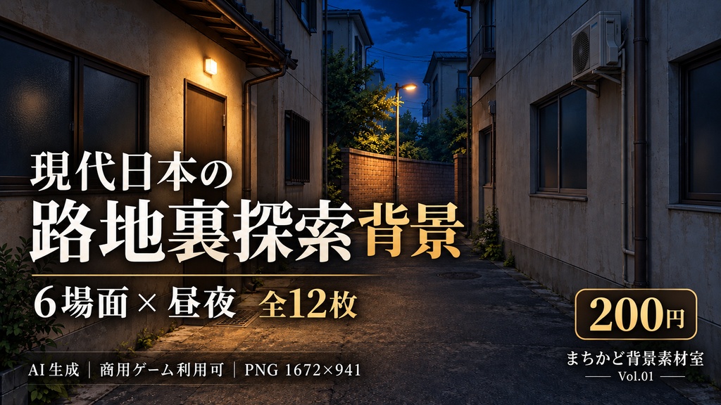 現代日本の路地裏探索背景|6場面×昼夜・12枚|商用ゲーム利用可|AI生成