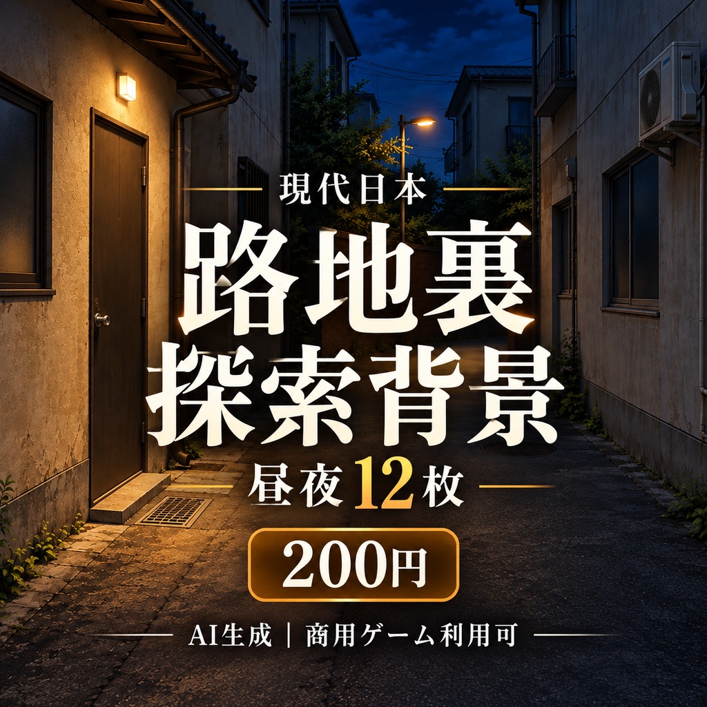 現代日本の路地裏探索背景｜6場面×昼夜・12枚｜商用ゲーム利用可｜AI生成