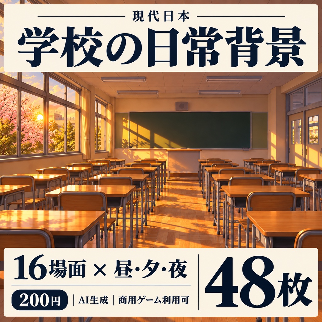 現代日本の学校日常背景｜16場面×昼夕夜・48枚｜商用ゲーム利用可｜AI生成