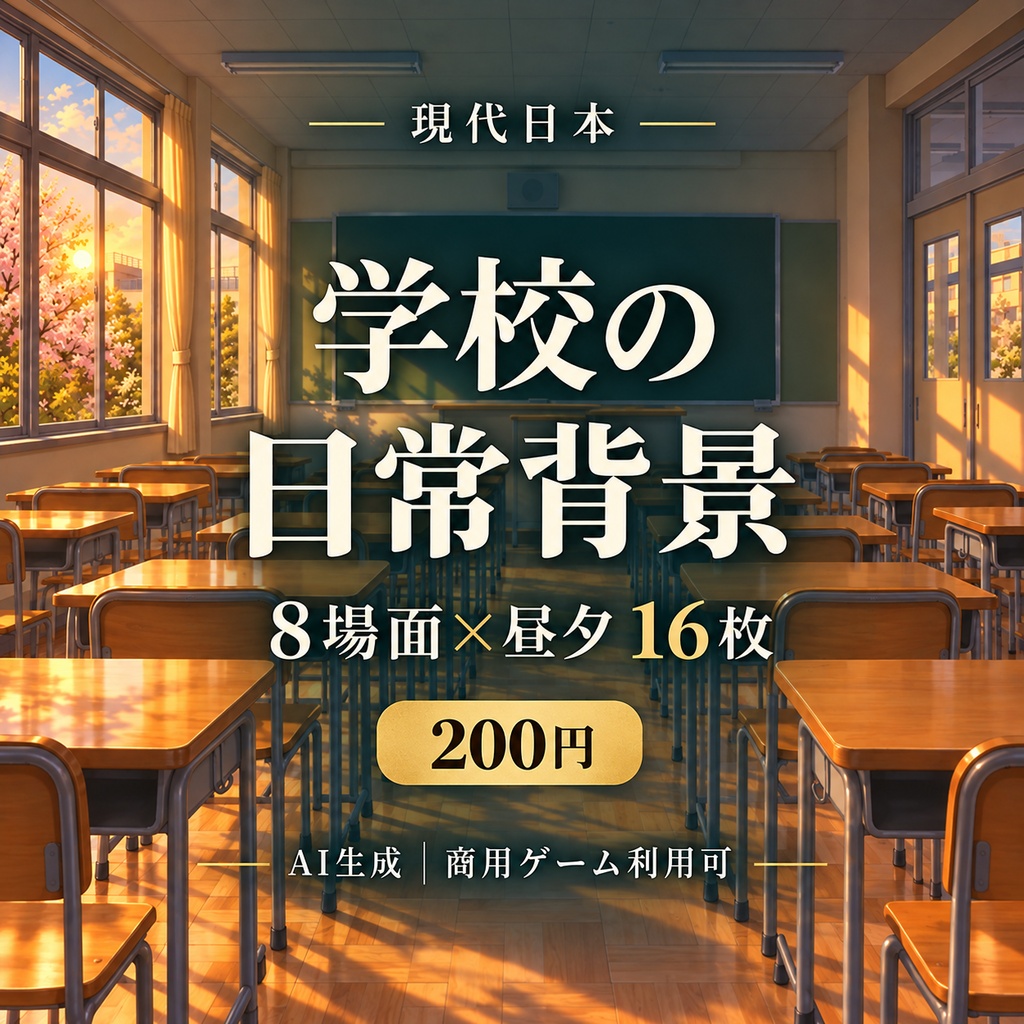 現代日本の学校日常背景|16場面×昼夕夜・48枚|商用ゲーム利用可|AI生成