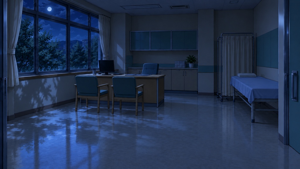 地方病院の日常と夜間探索背景|12場所×4状態・48枚|商用ゲーム利用可|AI生成