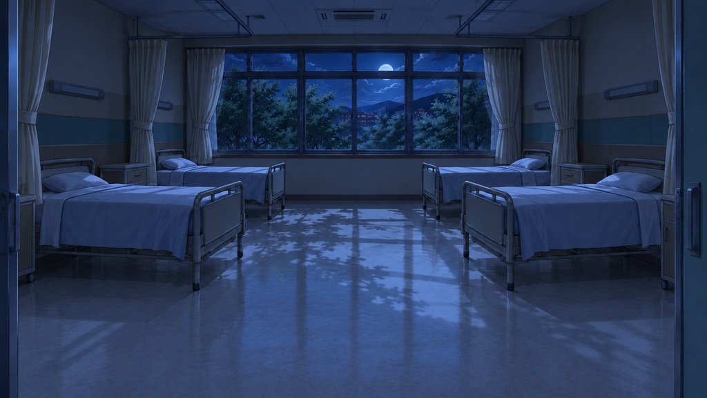 地方病院の日常と夜間探索背景|12場所×4状態・48枚|商用ゲーム利用可|AI生成