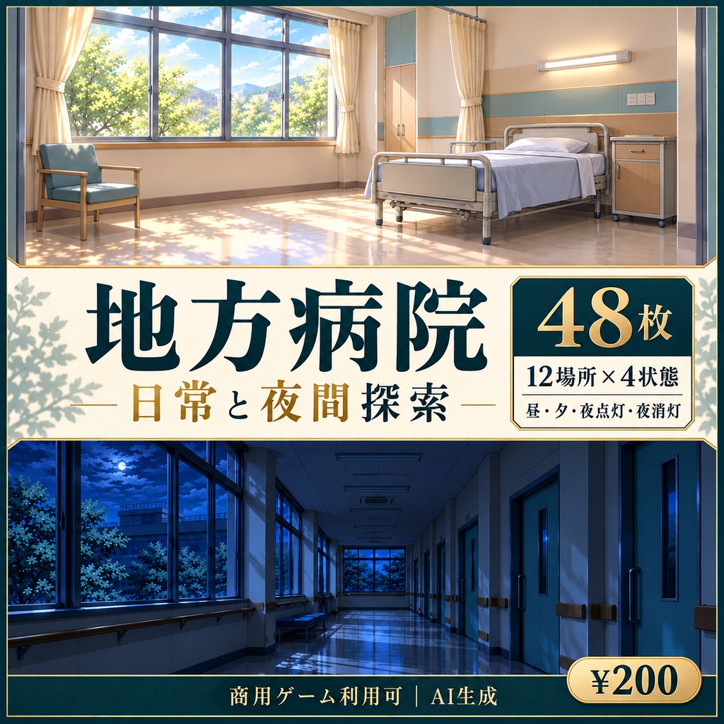 地方病院の日常と夜間探索背景｜12場所×4状態・48枚｜商用ゲーム利用可｜AI生成