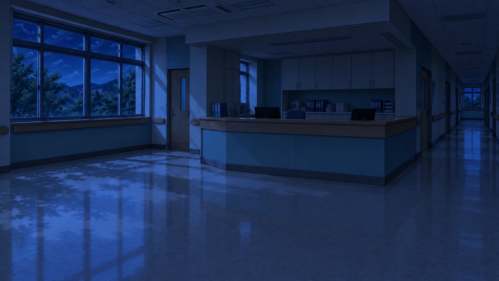 地方病院の日常と夜間探索背景|12場所×4状態・48枚|商用ゲーム利用可|AI生成