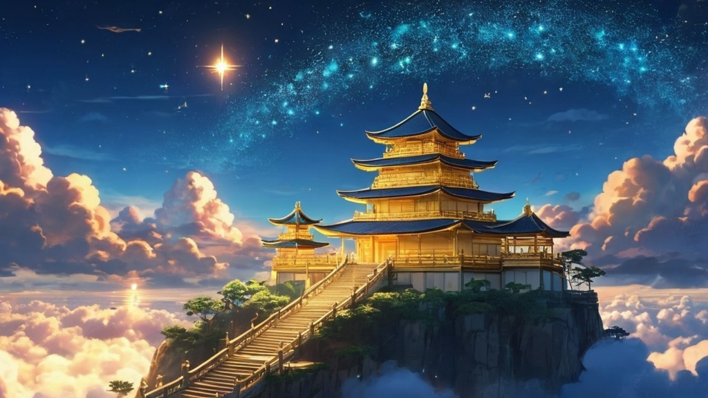 【幻想素材】空に浮かぶ神殿と星の道|背景画像1600×900px|アトリエmiaRA