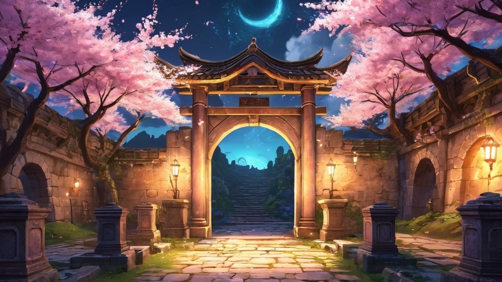 【幻想背景】花嵐の中庭と時の門（横構図／1600×900px）｜アトリエmiaRA