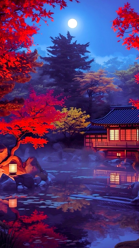 🍁 秋宵紅葉 – Autumn Moon Maple（高解像度アート3点セット）  Fantasy Art Wallpaper Set – Warm Autumn Night Edition
