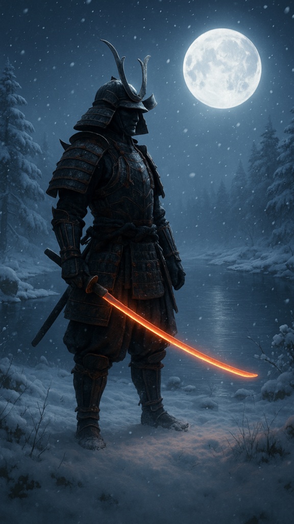 ⚔️ 月影侍 – Moonlit Samurai（高解像度アート2点セット）  Fantasy Art Wallpaper Set – The Silent Warrior Beneath the Moon
