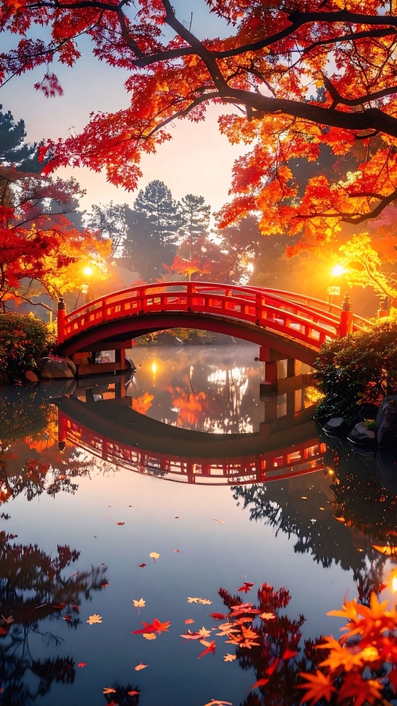 秋彩の橋 – Autumn Bridge Reflections(高解像度2点セット)