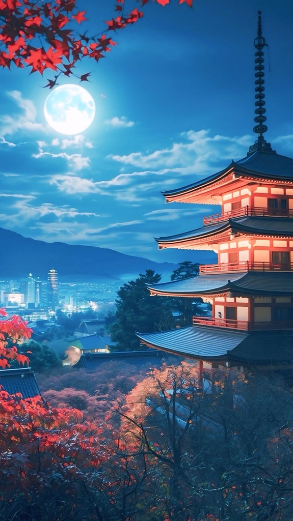 🍁秋月の清水寺 – Autumn Moon at Kiyomizu Temple（高解像度アート2点セット）