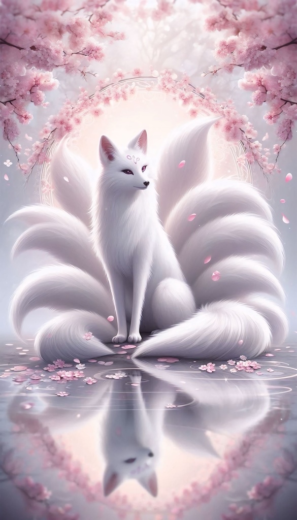 🌸九尾の狐/Celestial Nine-Tail Fox – Sakura Spirit Art(高解像度アート)