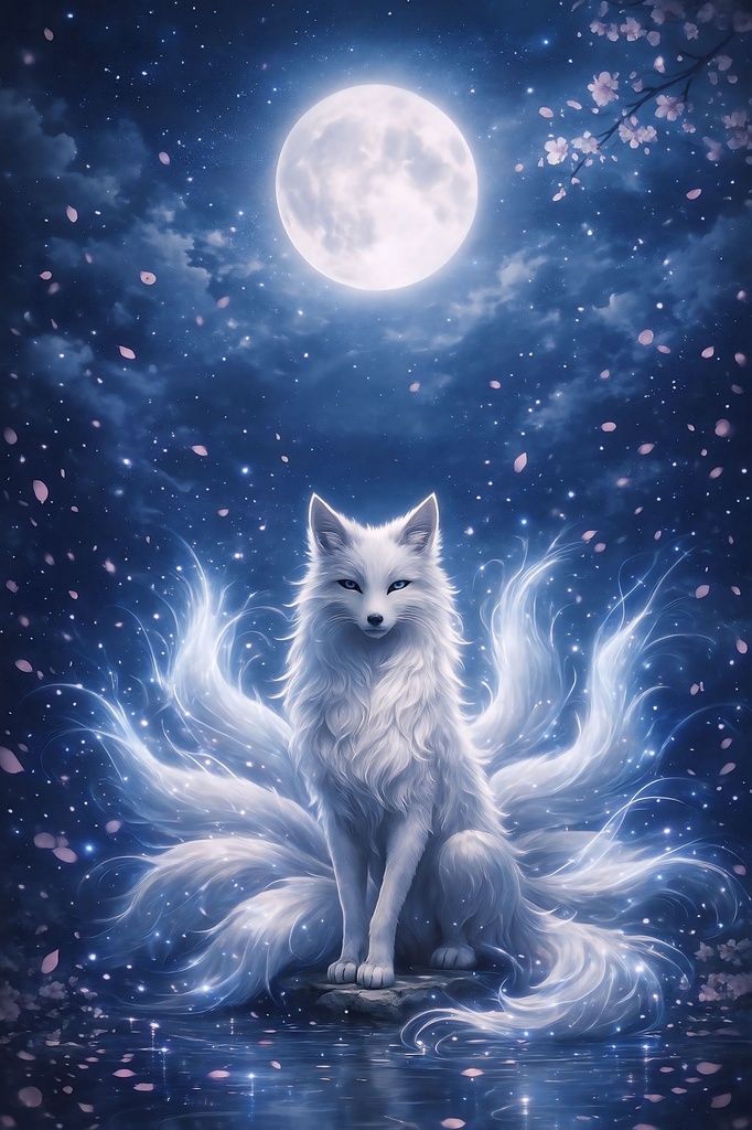 🌸九尾の狐/Moonlit Spirit Fox – Celestial Nine-Tails Under the Sakura Night（高解像度アート）